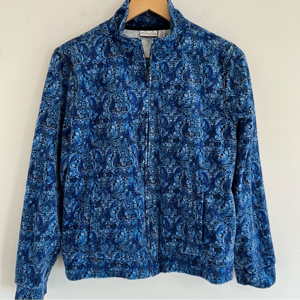 Kim Rogers Women’s Velour Track Jacket size PM Blue Floral Full Zip Jacket
